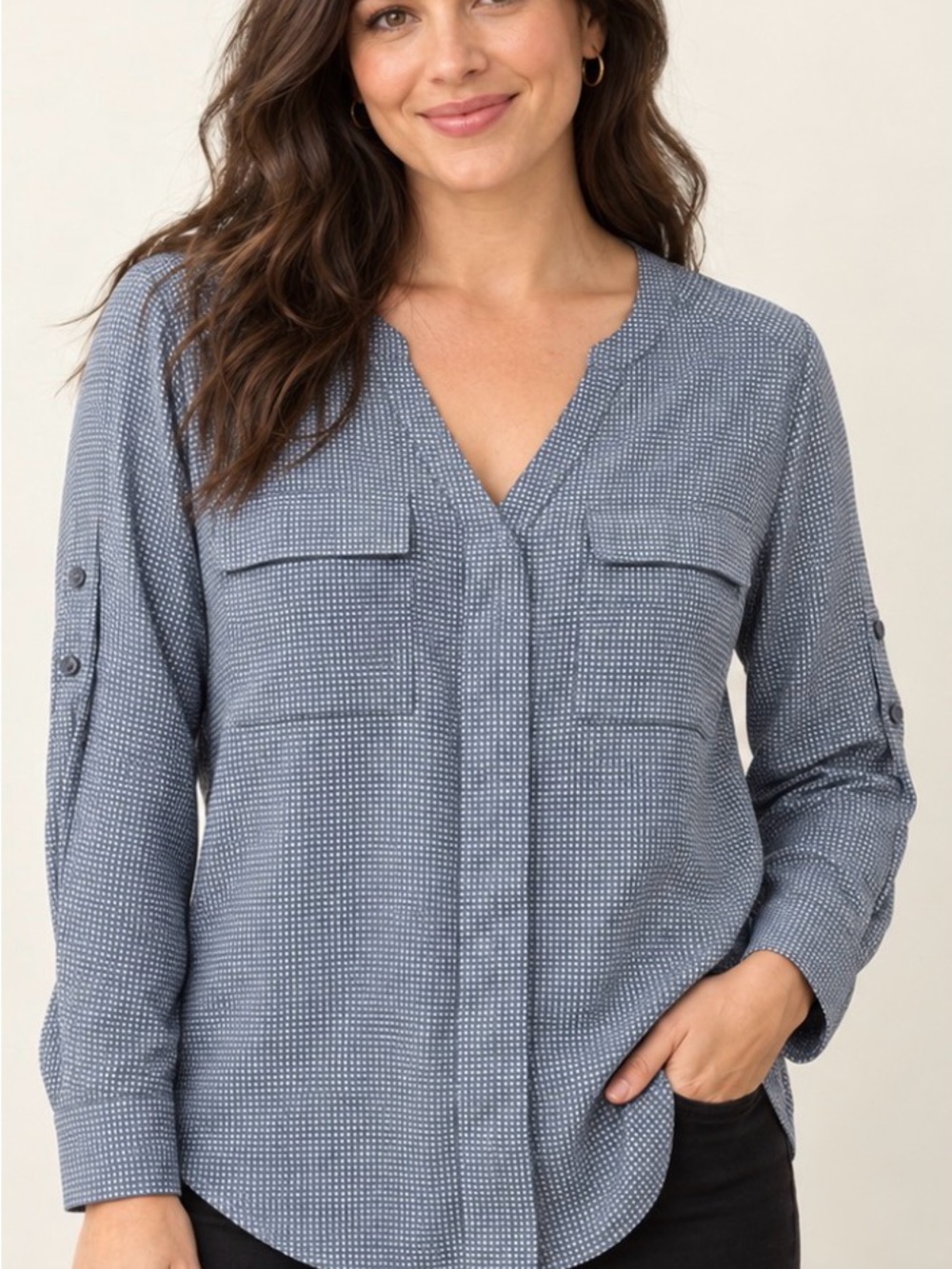 Express Blue Microdot V-Neck Button-Front Blouse